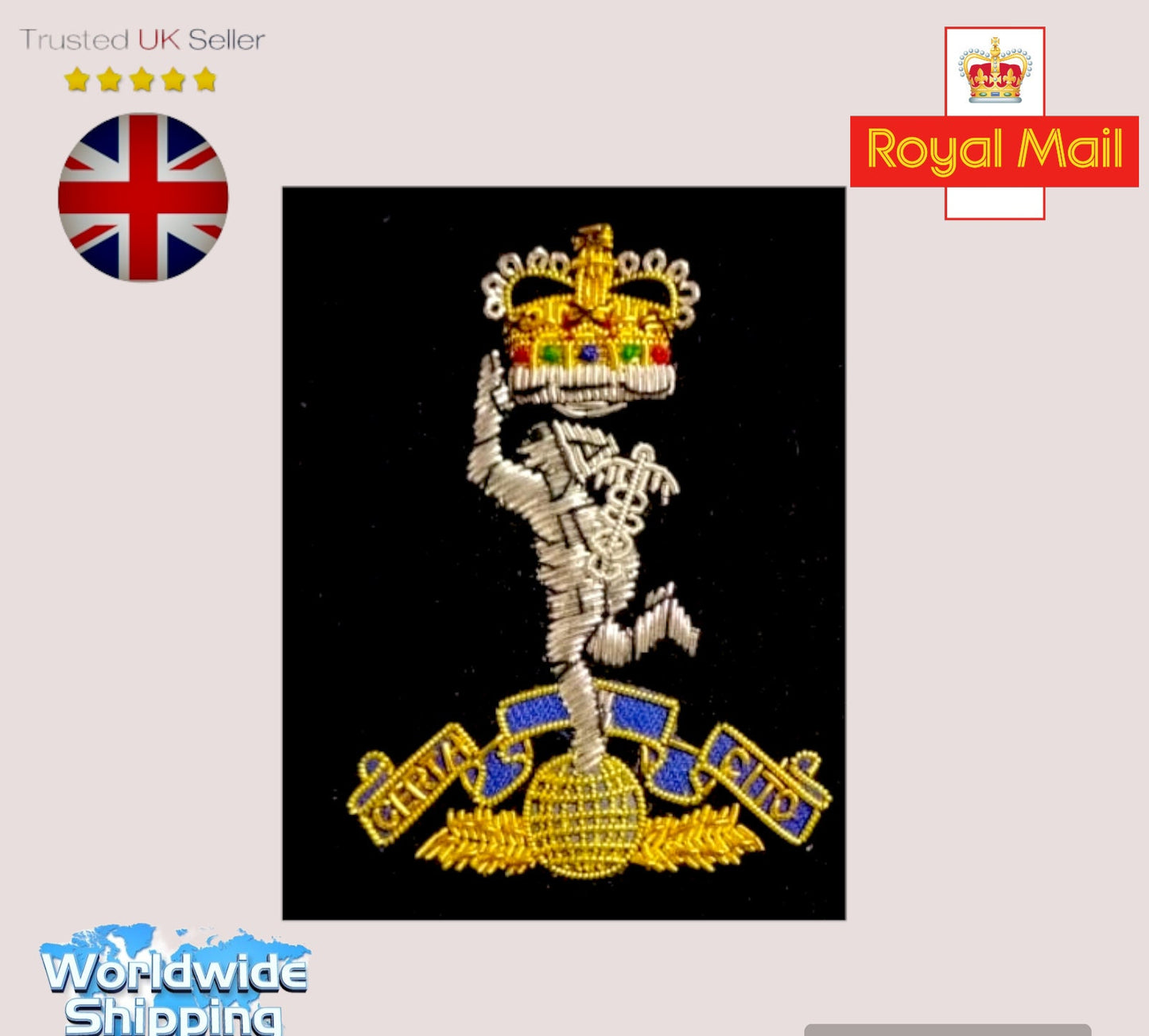 Royal Corps of Signals Regimental Blazer Badge black Background Blazer Bullion Embroidery Badge.