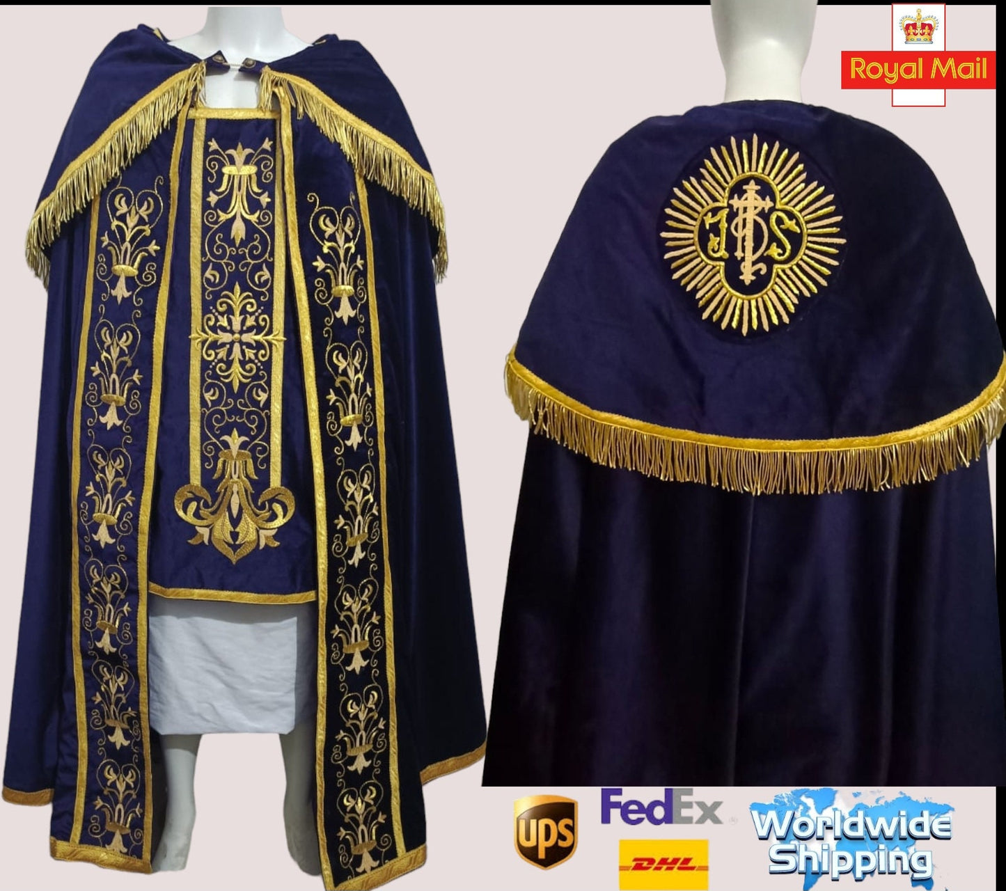 Roman Fiddleback Catholic Chasuble low Mass with Soft Purple Velvet Fabric Handmade Embroidered Bullion Wire Thread Church vestments set.