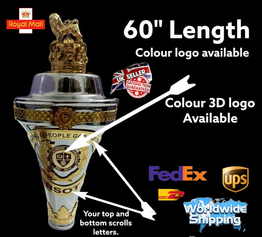Drum Major's" ARMY" NAVY" Mace customized mace With Your logo" name Top" and Bottom Scrolls with Beautiful lion Crown 60" length.