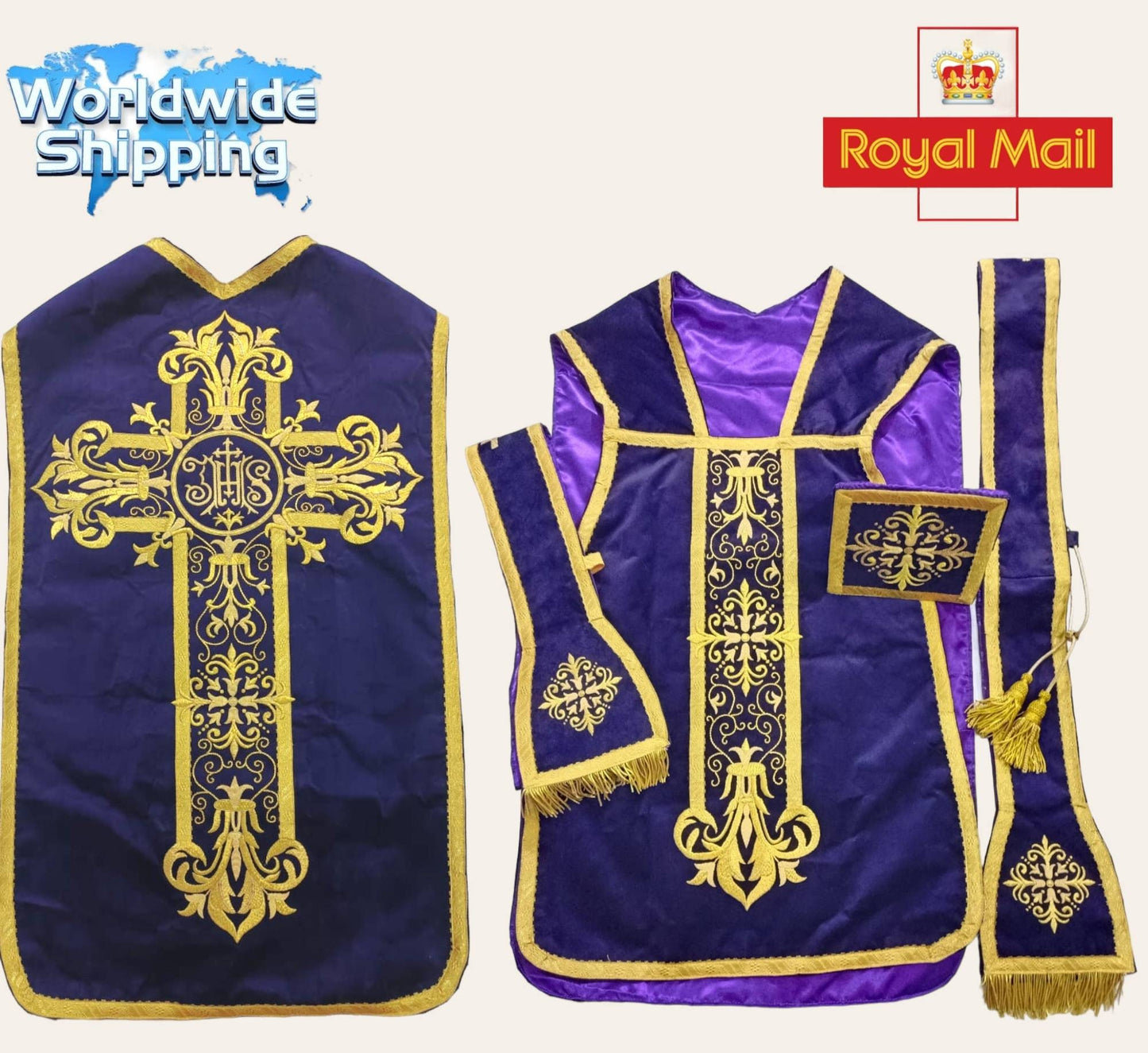 Roman Fiddleback Catholic Chasuble low Mass with Soft Purple Velvet Fabric Handmade Embroidered Bullion Wire Thread Church vestments set.