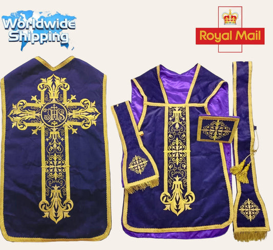Roman Fiddleback Catholic Chasuble low Mass with Soft Purple Velvet Fabric Handmade Embroidered Bullion Wire Thread Church vestments set.