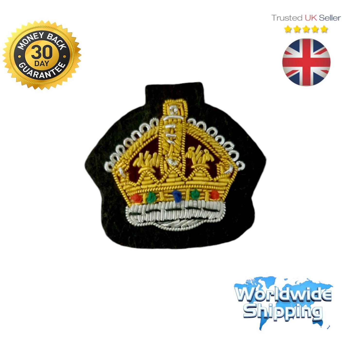 Kings Crown Gold Hand Embroidered Bullion Wire Badge.