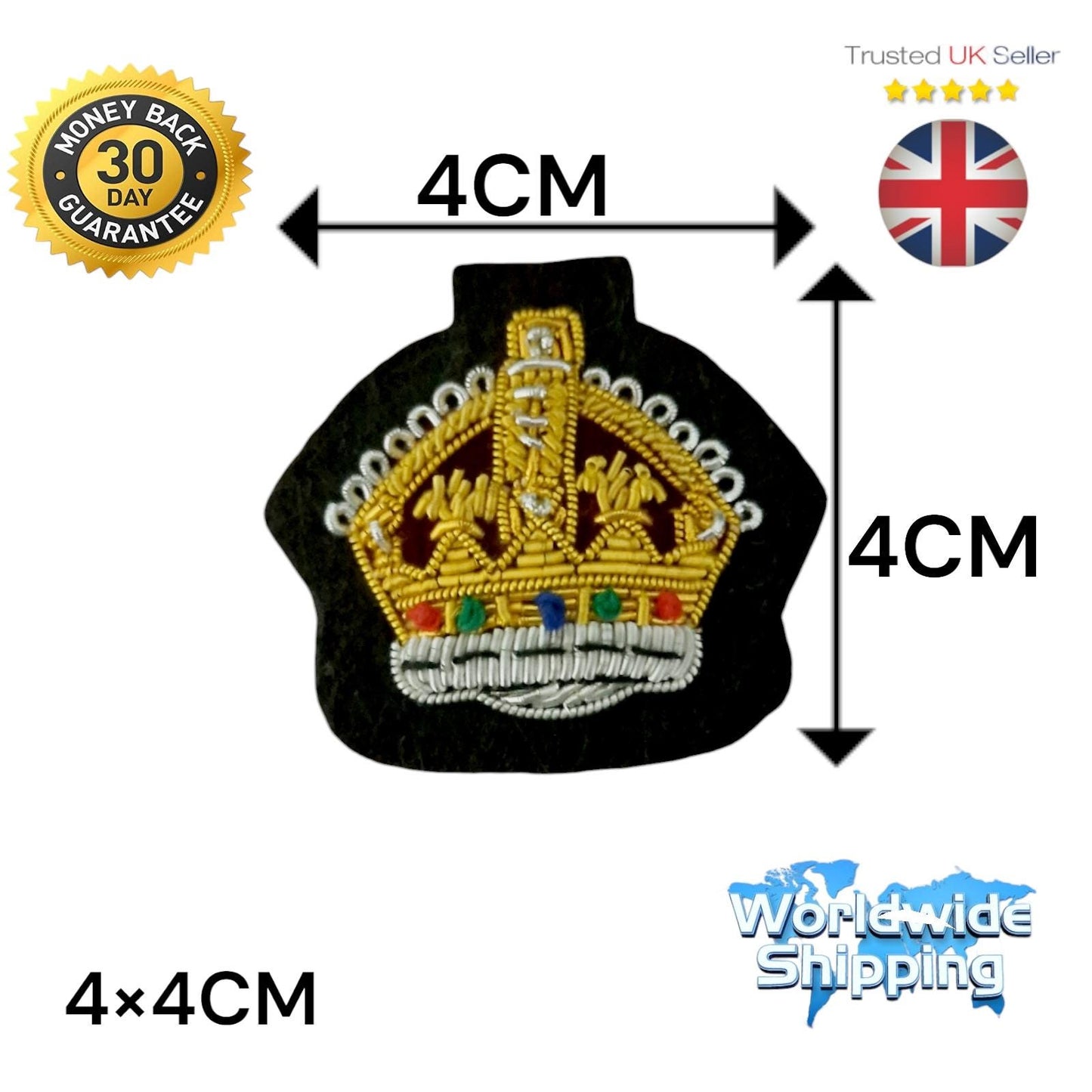 Kings Crown Gold Hand Embroidered Bullion Wire Badge.