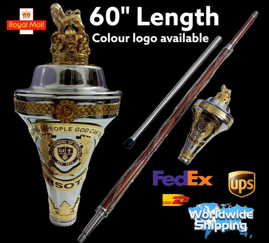 Drum Major's" ARMY" NAVY" Mace customized mace With Your logo" name Top" and Bottom Scrolls with Beautiful lion Crown 60" length.