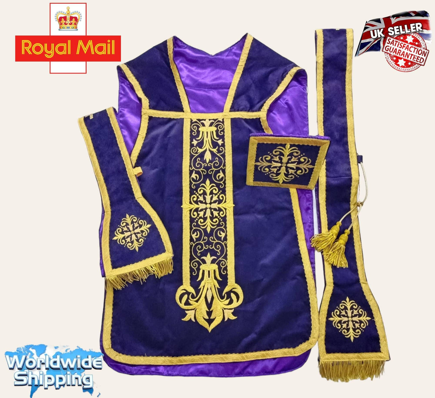 Roman Fiddleback Catholic Chasuble low Mass with Soft Purple Velvet Fabric Handmade Embroidered Bullion Wire Thread Church vestments set.